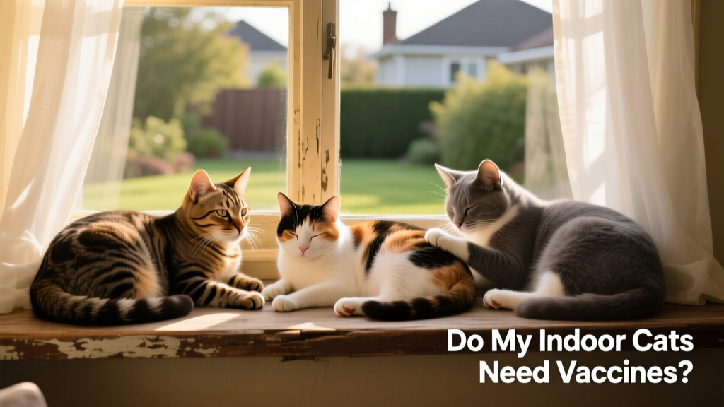 Four healthy adult cats resting together on a sunny windowsill