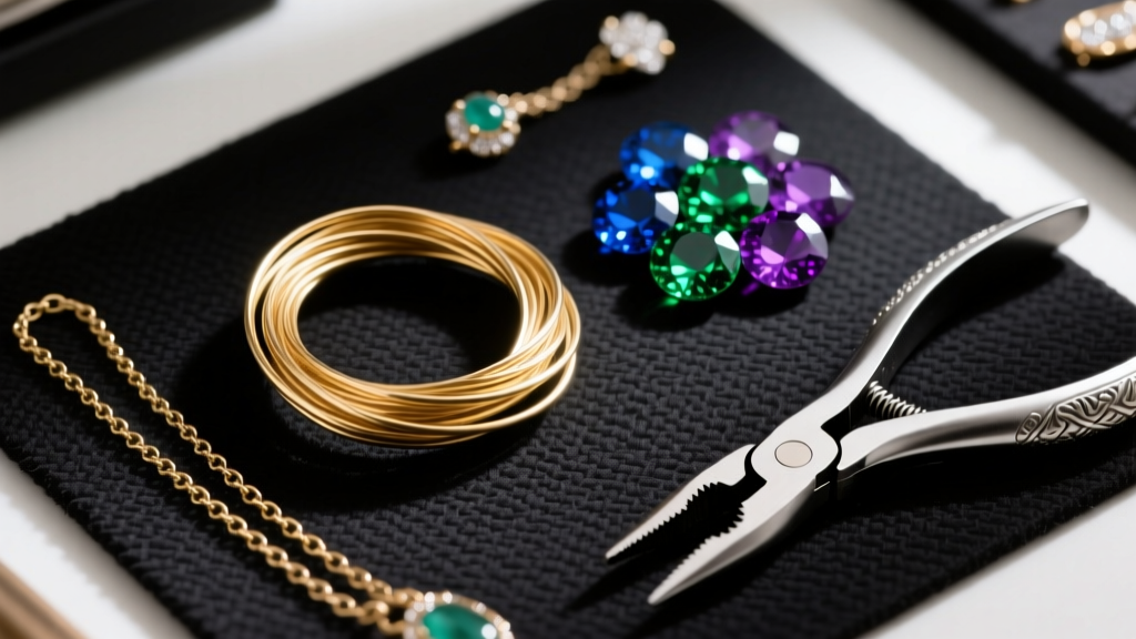 Top-down view of gold wire, gemstone beads, chain-nose pliers, and flush cutters resting on a dark jewelry work mat.