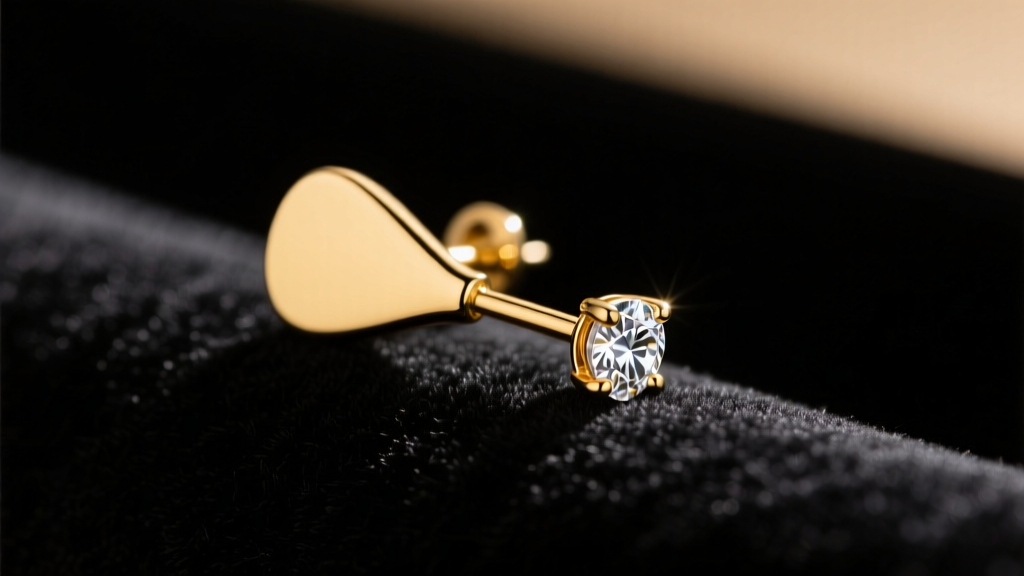 Close-up of a gold paddle-back earring clip on converter attached to a diamond stud on dark velvet under warm studio lighting.