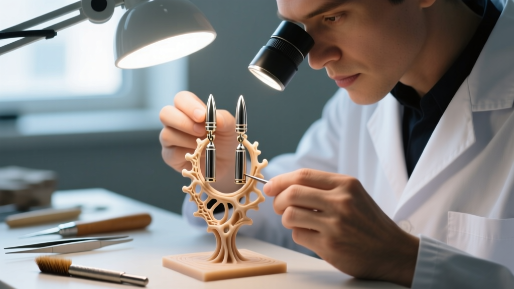 Jeweler examining a wax model of a bullet and bone cartilage earring under a magnifying lamp, with tools in a blurred background