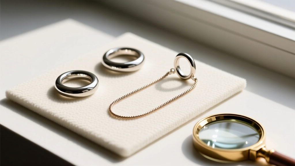 Flat lay of three ring bails, a jump ring, and a 1.2mm rope chain on a jewelry bench mat with a brass loupe in the corner