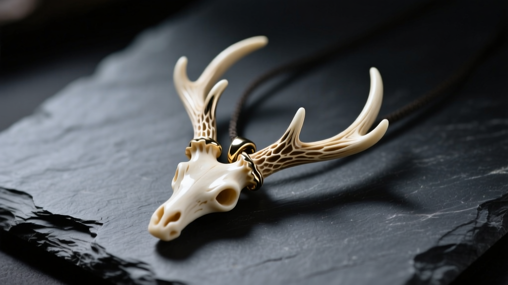 Polished deer antler pendant on dark slate, lit by moody lighting highlighting the natural porous bone grain and hand-carved edges.