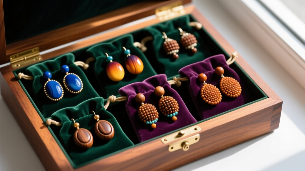 Overhead view of handmade polymer clay and wood beaded earrings stored in separate velvet pouches inside an open mahogany jewelry box