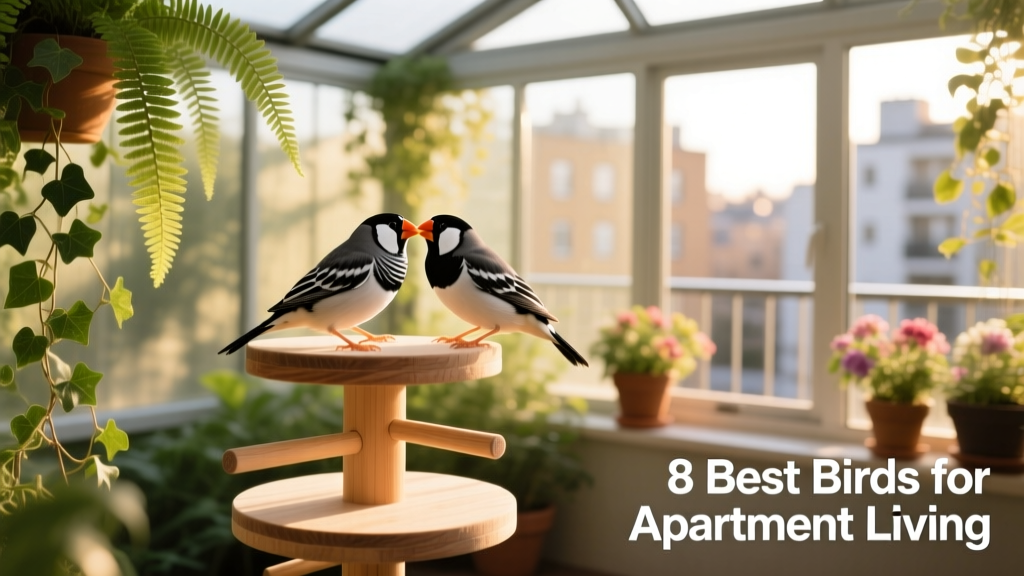 A pair of zebra finches interacting peacefully on a multi-level perch inside a wide, planted aviary-style enclosure