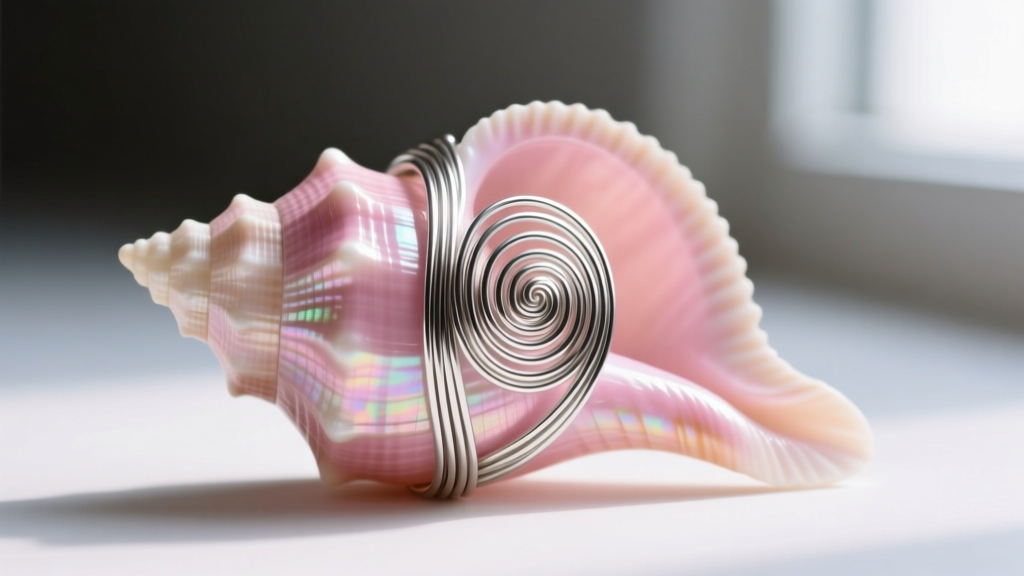 Macro view of 20ga silver wire wrapping a polished pink conch shell cab, showing tight loops and clean bends in the bare silver