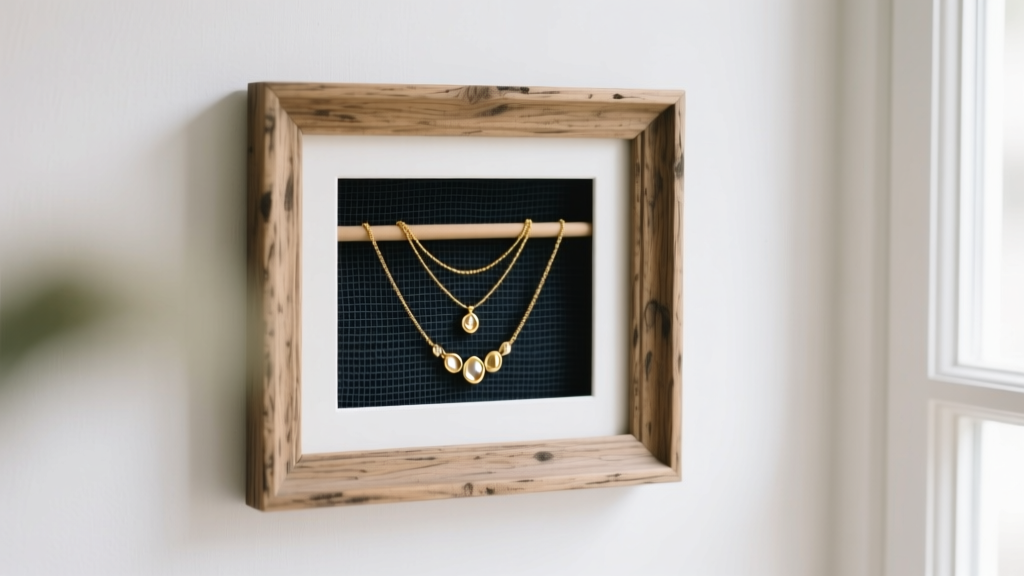 A rustic wooden picture frame jewelry holder mounted on a white wall, displaying gold necklaces on dark anti-tarnish linen mesh.