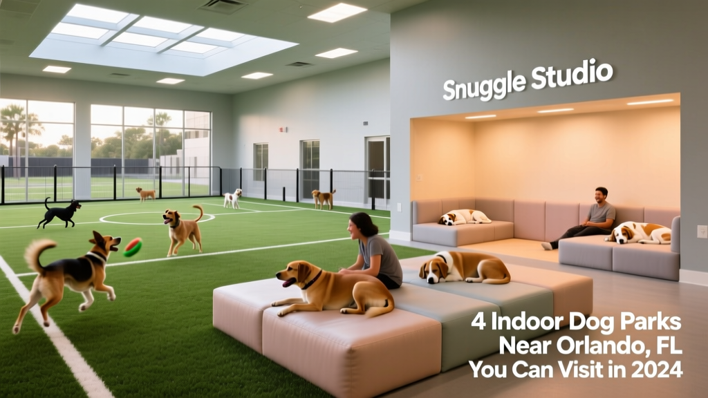 Modern indoor dog park with dual zones: an active turf field and a calm ‘Snuggle Studio’ with padded platforms and soft lighting