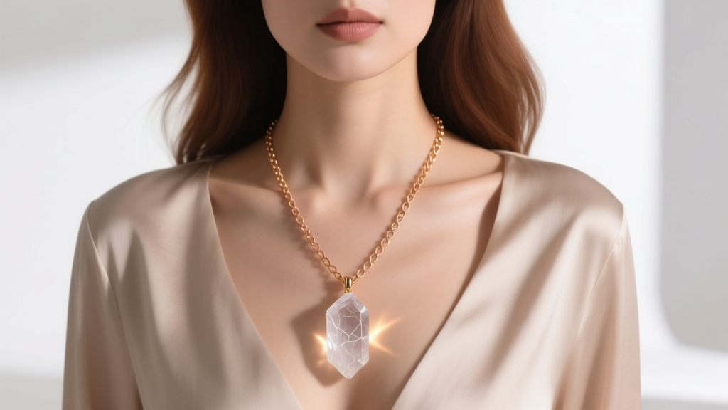 A woman wearing a 24-inch rose gold opera-length chain with a raw quartz crystal pendant resting near her solar plexus chakra