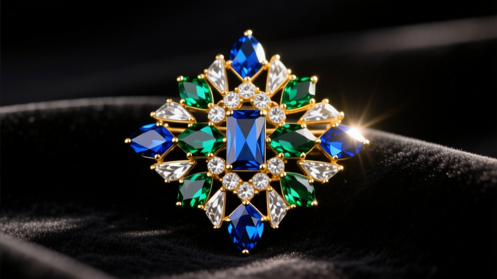 Close-up of an Art Deco vintage crystal brooch with geometric foil-backed rhinestones resting on dark velvet under soft warm light.