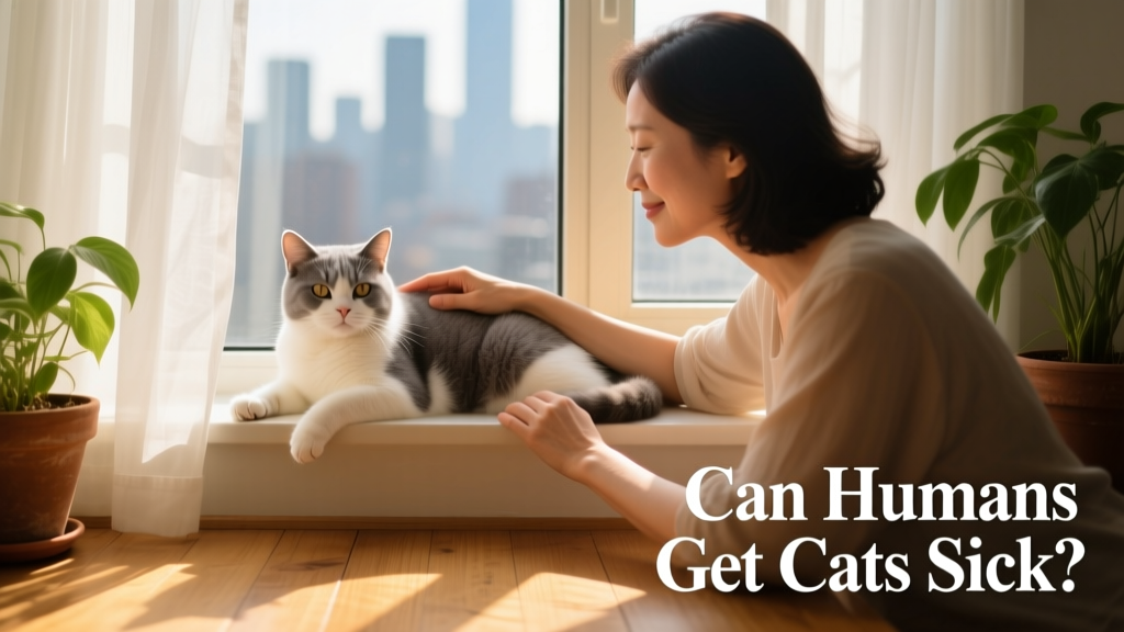 A person gently petting a relaxed indoor cat on a sunny windowsill