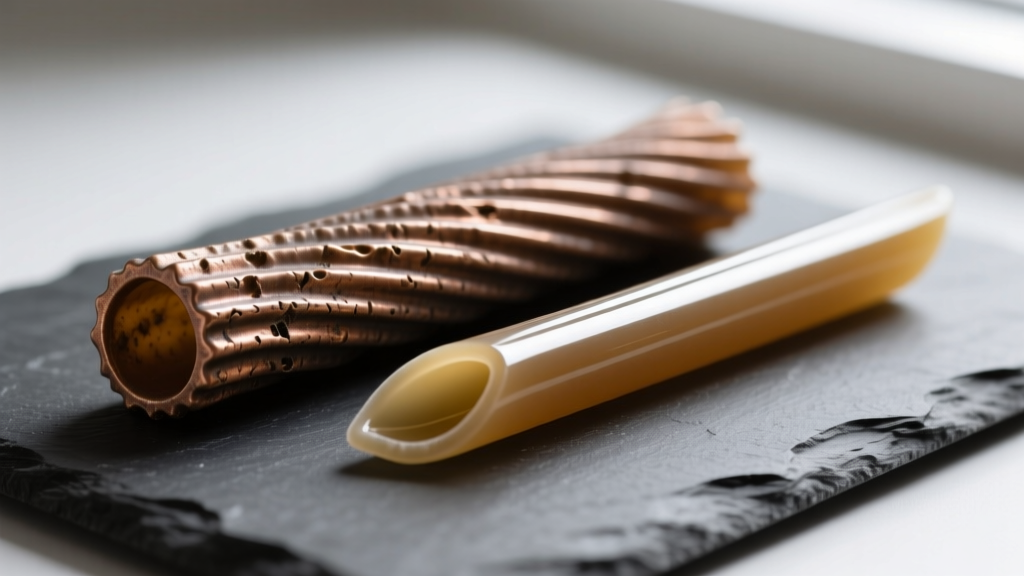 Macro close-up comparing rough micro-textured surface of bronze-die extruded rigatoni next to smooth teflon pasta on dark slate board