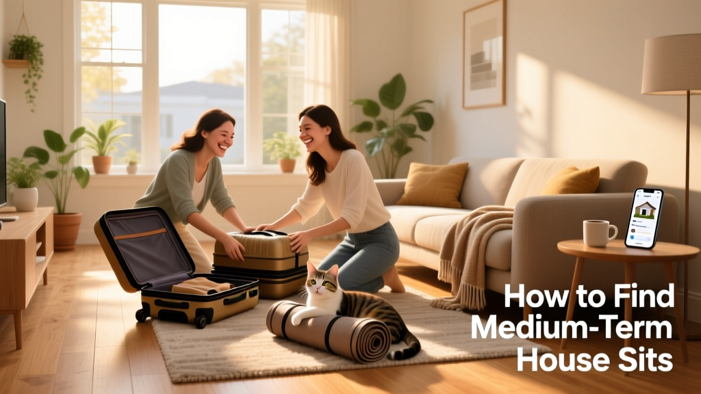 Two smiling house sitters unpacking bags in a sunlit living room with a relaxed cat nearby