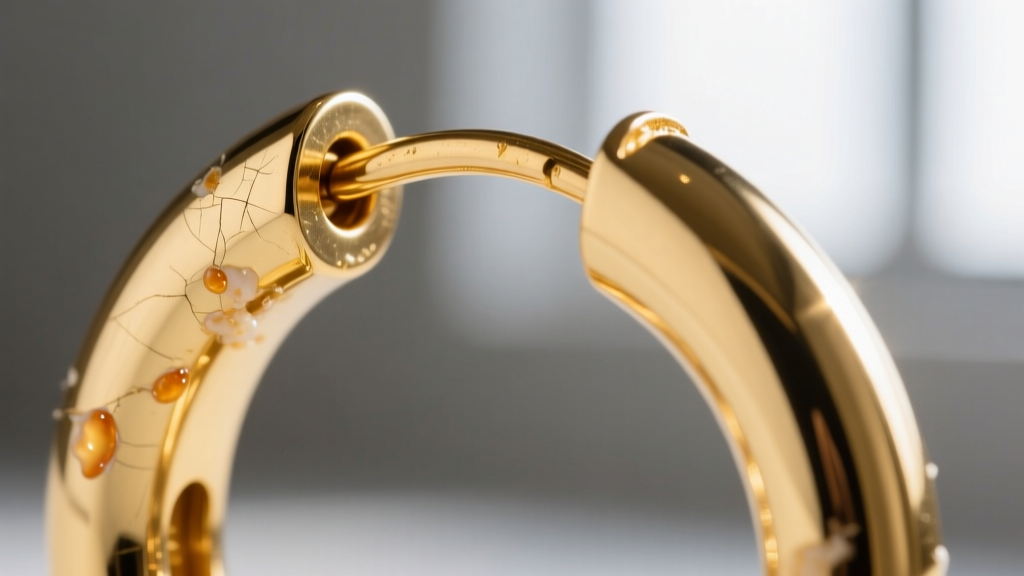 Extreme macro photography of a thick gold hoop earring hinge mechanism showing slight buildup of skin oils and lotion residue.