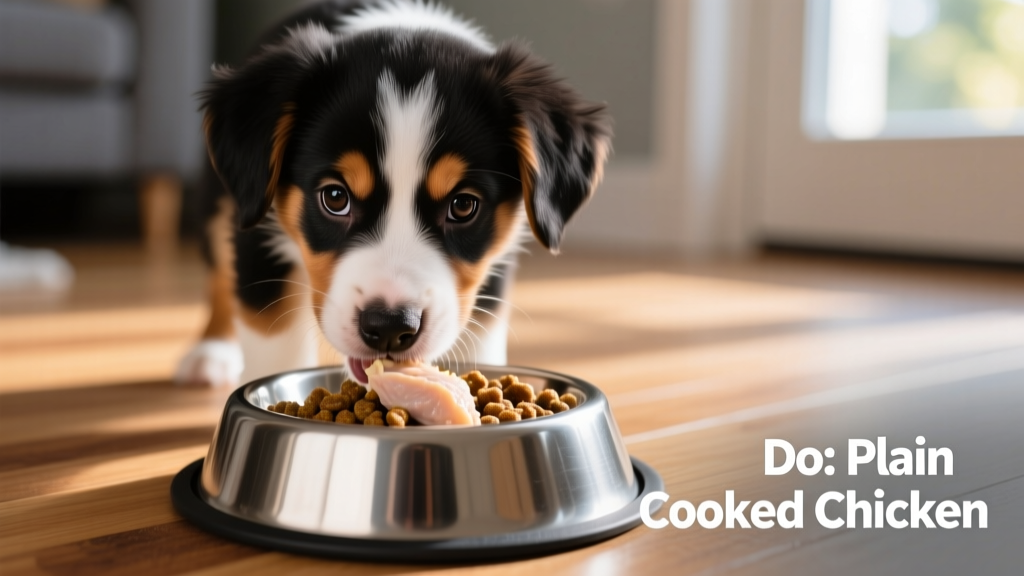 Black, brown, and white puppy eating a small portion of plain cooked chicken mixed with high-quality puppy kibble in a stainless steel bowl