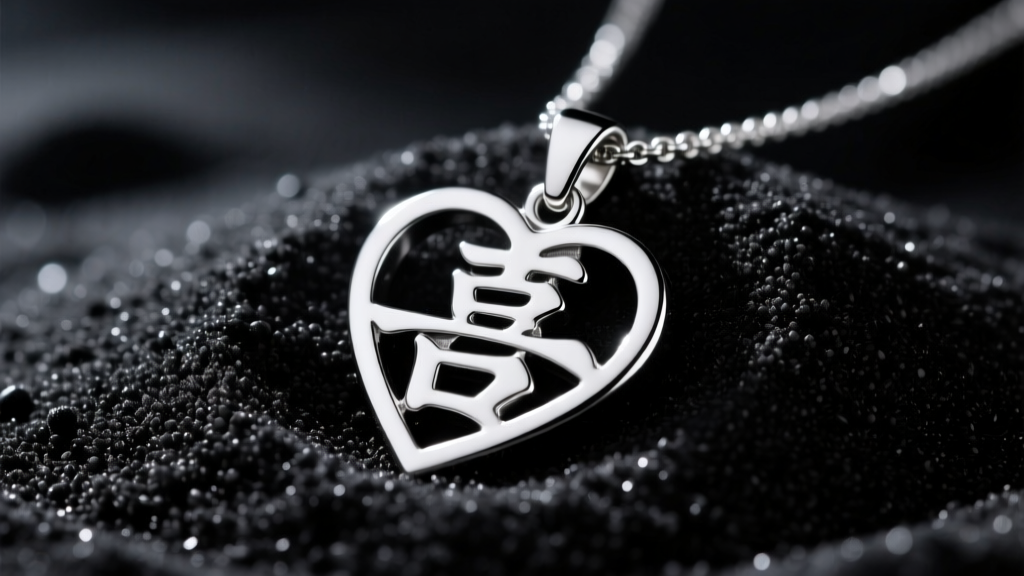 Close-up of a silver-toned zinc alloy Gaara love kanji pendant necklace resting on black sand, dramatic studio lighting