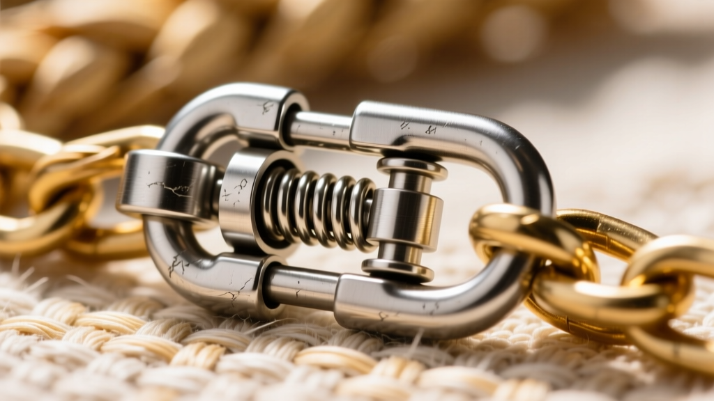 Extreme macro shot of a heavy-duty stainless steel lobster clasp with an internal spring mechanism visible on a woven wheat chain