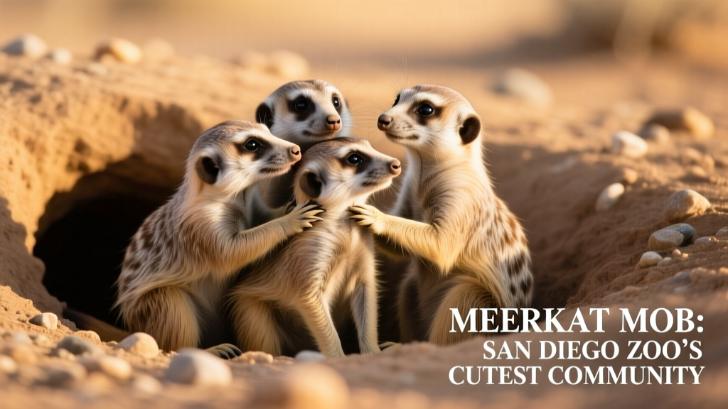 Three meerkats huddled together in a sunlit burrow entrance, grooming each other