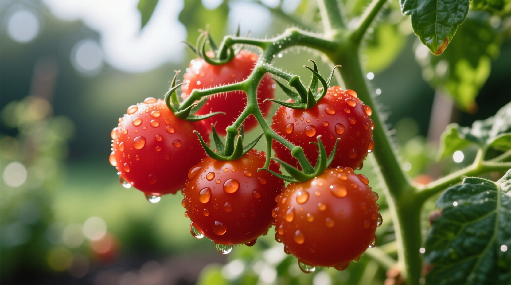 Fresh cherry tomatoes on vine with dew drops
