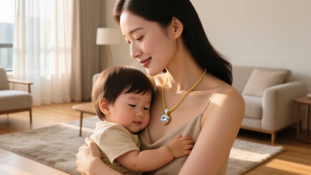 Mother holding a toddler, wearing a durable 18-inch 14k gold bezel-set diamond pendant necklace in warm living room lighting