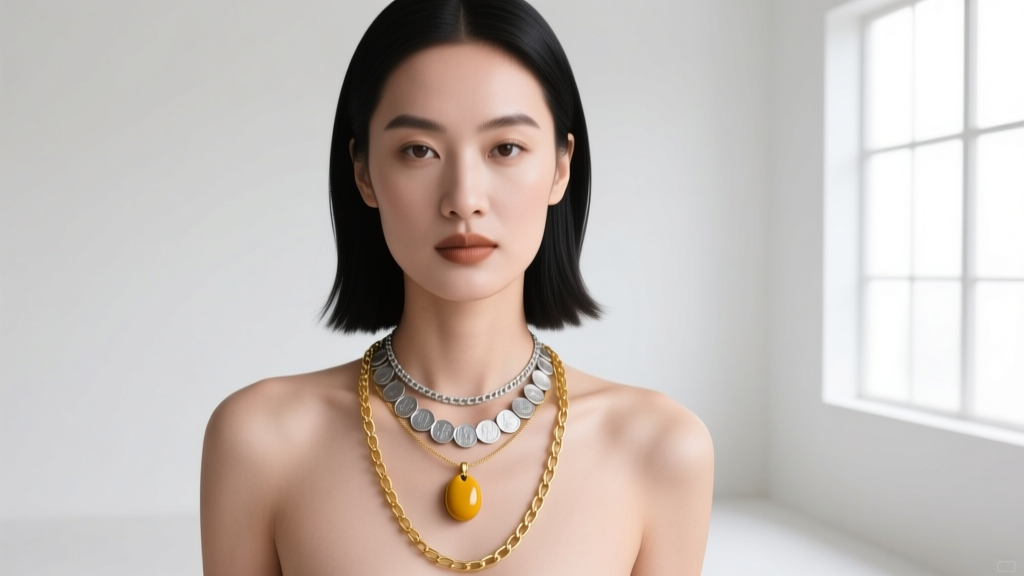 Woman wearing a layered stack with a 16-inch mustard seed pendant, an 18-inch silver coin necklace, and a 20-inch gold chain.