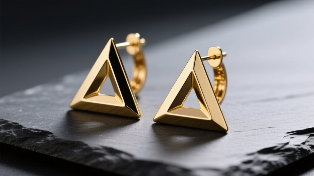 Close-up of sharp gold geometric triangle earrings resting on dark slate, illuminated by soft directional studio lighting
