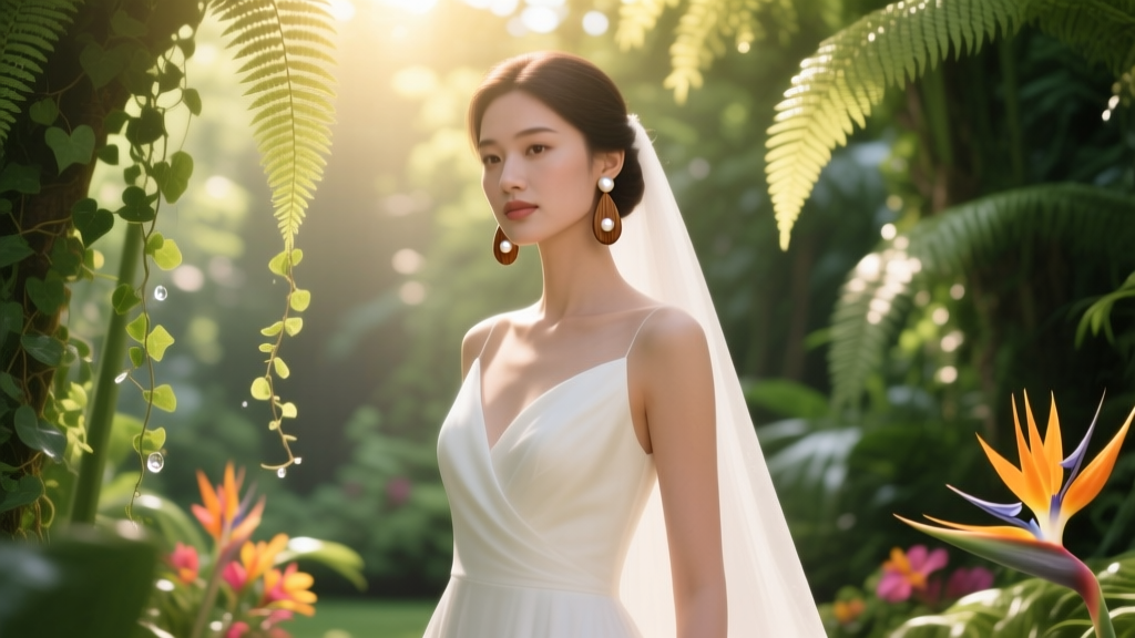 Elegant bride wearing teardrop wooden bead earrings with small freshwater pearl inlays, standing in a sunlit botanical garden