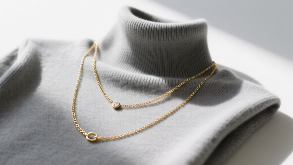 Flat lay of three gold necklace lengths on a folded grey wool turtleneck, top-down view, bright natural lighting, minimalist style