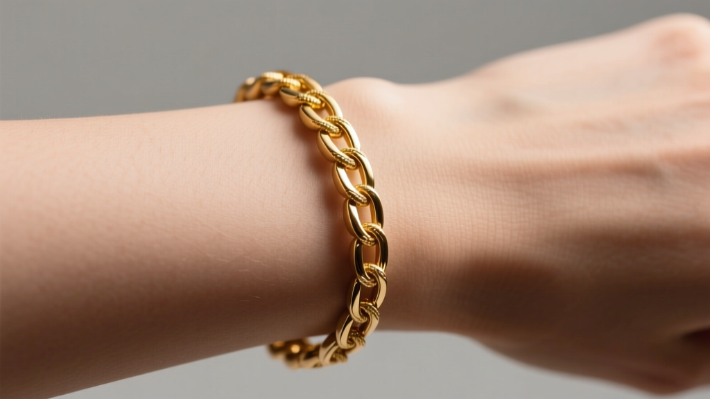 Close-up of 14k yellow gold permanent bracelet on wrist, showing seamless micro-welded link joint under soft studio lighting.