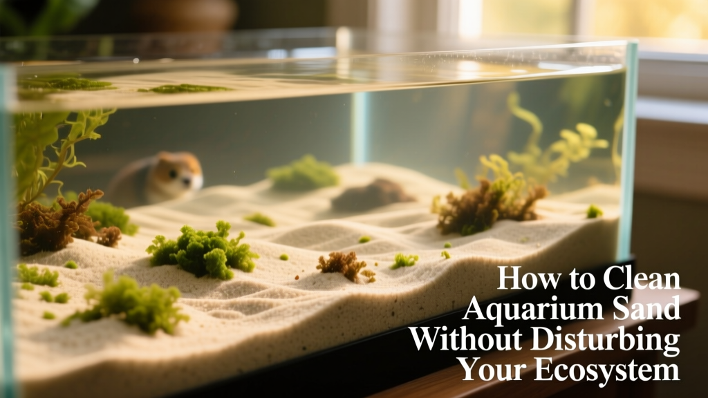 Aquarium with healthy sand bed showing subtle green and brown algae patches among light-colored substrate
