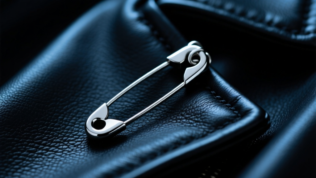 Close-up of a heavy 316L surgical stainless steel safety pin pendant resting on a black leather jacket, moody studio lighting