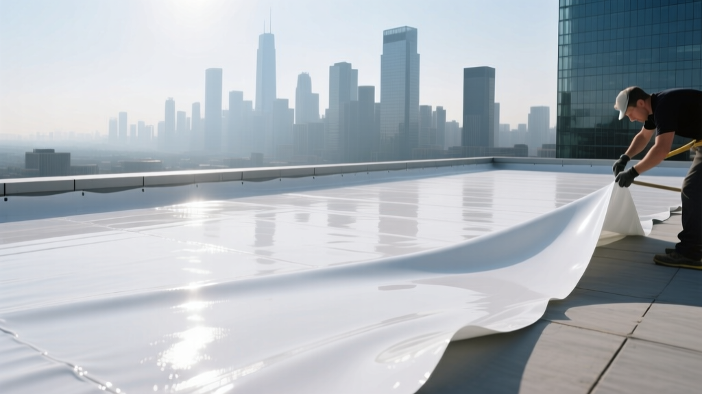 Commercial flat roof being coated with seamless white polyurethane liquid waterproofing membrane under bright sunlight with city skyline background