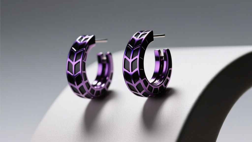 Anodized niobium spiderweb huggie earring in deep purple and black, shown on a jewelry bust with dramatic side lighting