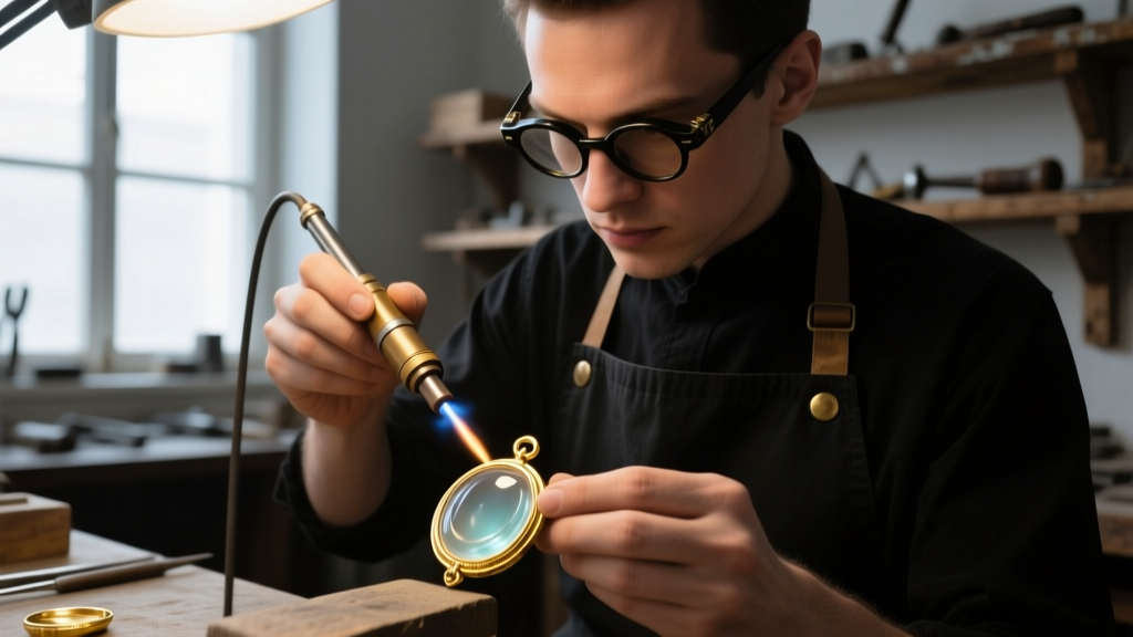 Jeweler using a precision micro-torch to solder a 18k gold backing plate onto a bio-resin keepsake locket in a dimly lit workshop
