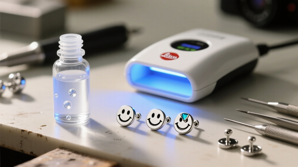 Workbench with clear UV resin, a small UV lamp, and disassembled silver smiley stud earrings awaiting a quick DIY enamel repair.