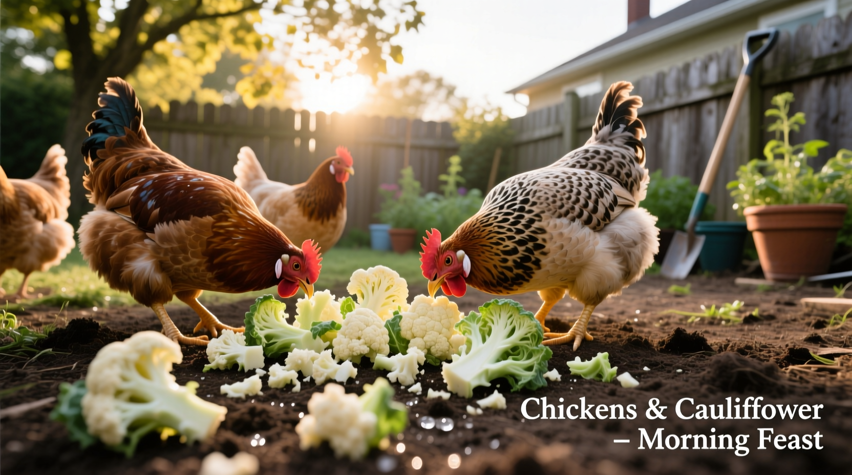 Backyard chickens pecking at chopped cauliflower pieces