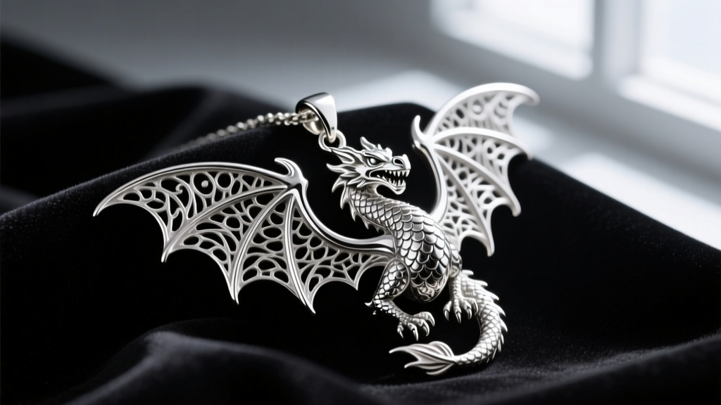Sterling silver Daenerys dragon pendant on black velvet, dramatic lighting showing the rhodium finish and intricate wing details.