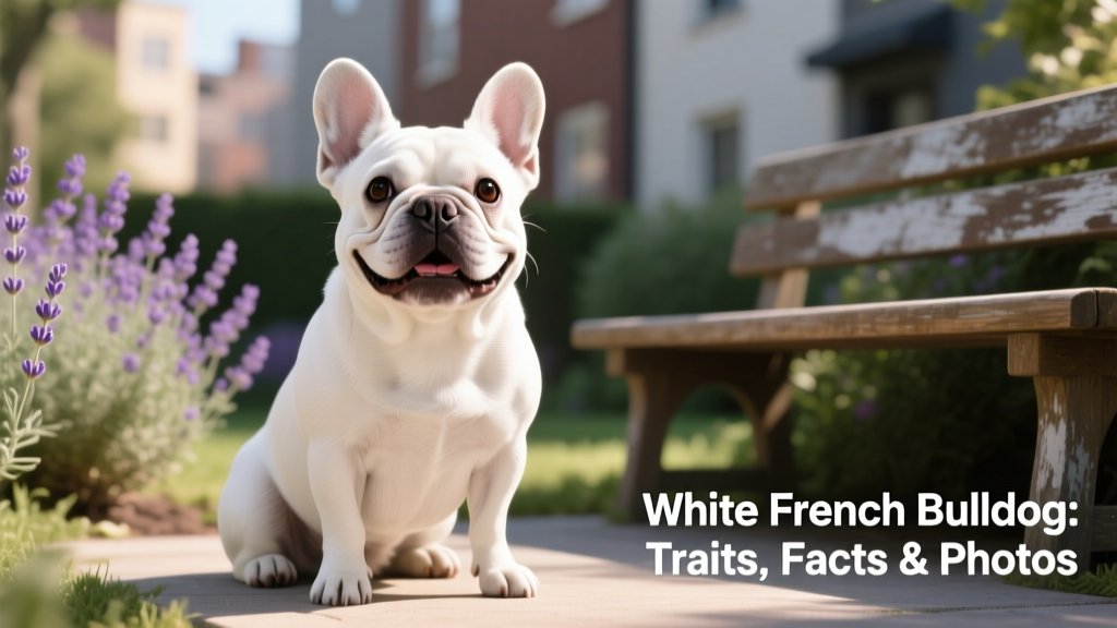 A happy white French Bulldog sitting outdoors, showing its expressive face and signature bat ears