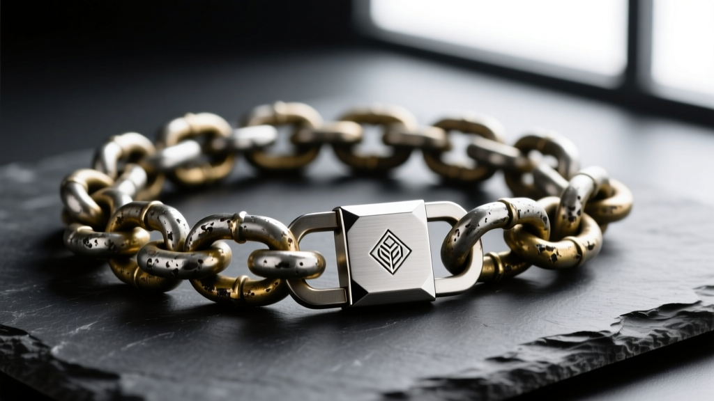 Close-up of a heavy, oxidized silver-plated brass curb chain on dark slate, highlighting textured links and a custom clasp.