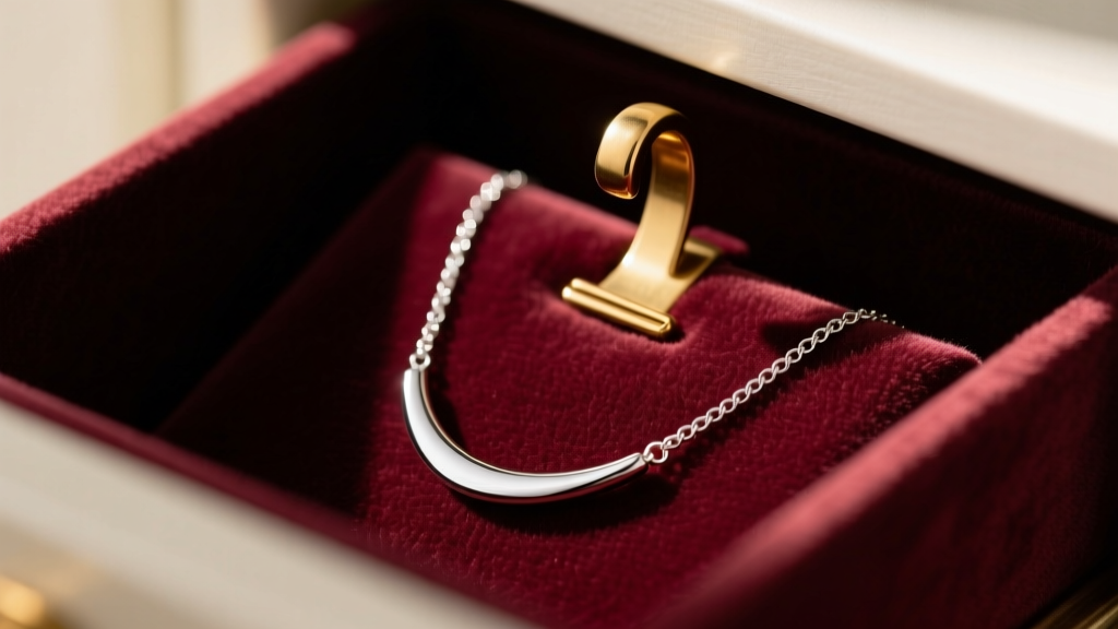 Close-up of a silver necklace clasped onto a brass hook inside a velvet-lined drawer to prevent chain tangling and kinking