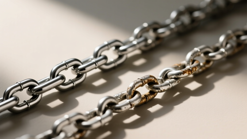 Comparison of a new steel box chain and worn sterling silver, showing edge blunting and micro-scratches on the soft silver links