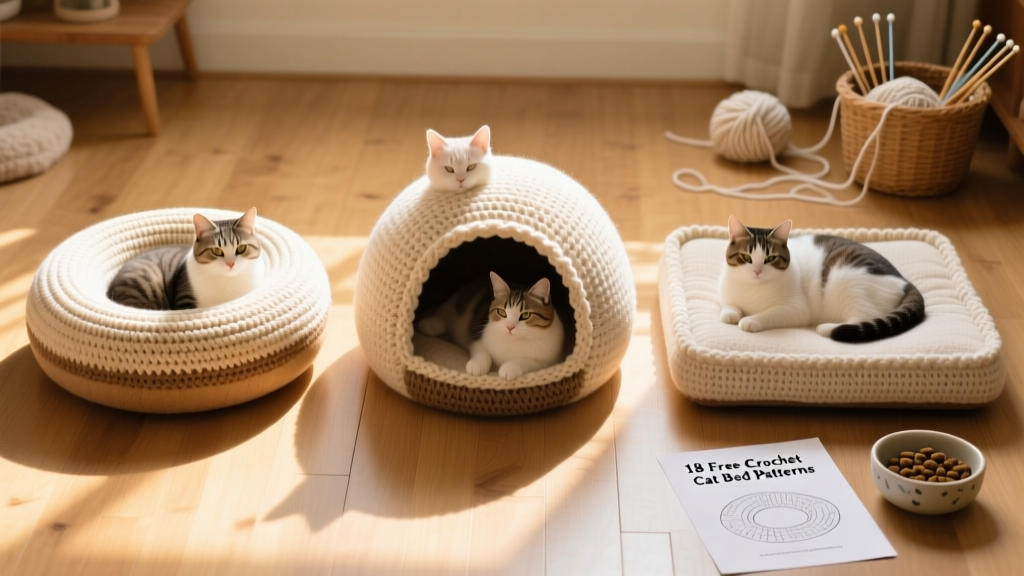 Side-by-side comparison of three different crochet cat bed styles: donut-shaped, cave-style, and flat mat with raised rim