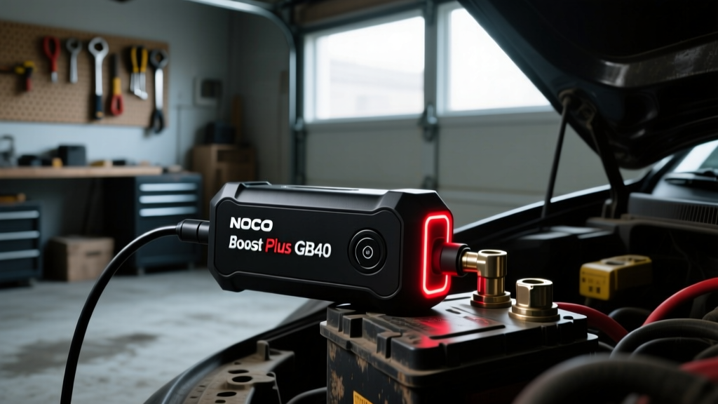 Close-up of the NOCO Boost Plus GB40 jump starter connected to a car battery terminal in a dimly lit home garage workspace.