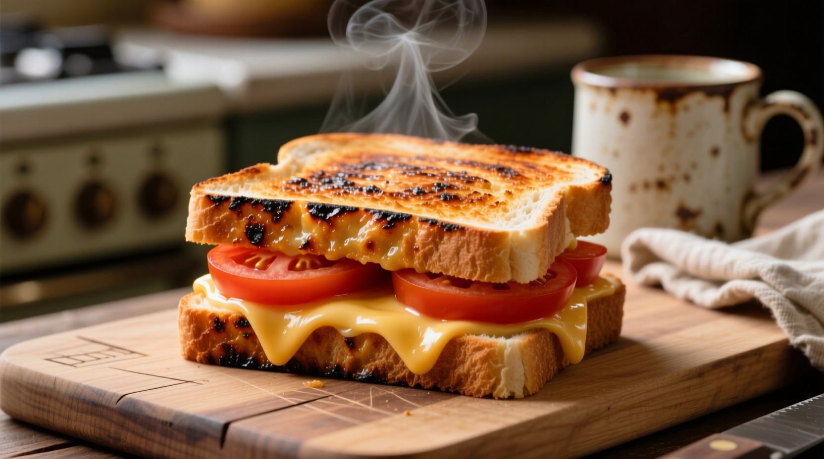 Perfectly grilled cheese tomato sandwich with golden crust