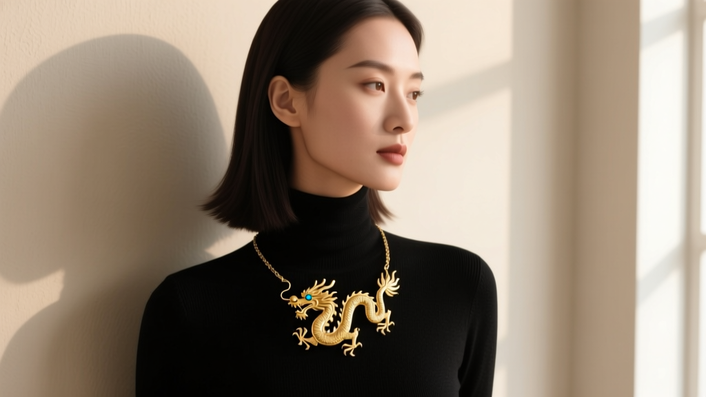 Woman wearing a gold vermeil single-dragon necklace over a black turtleneck, illuminated by soft natural window lighting.