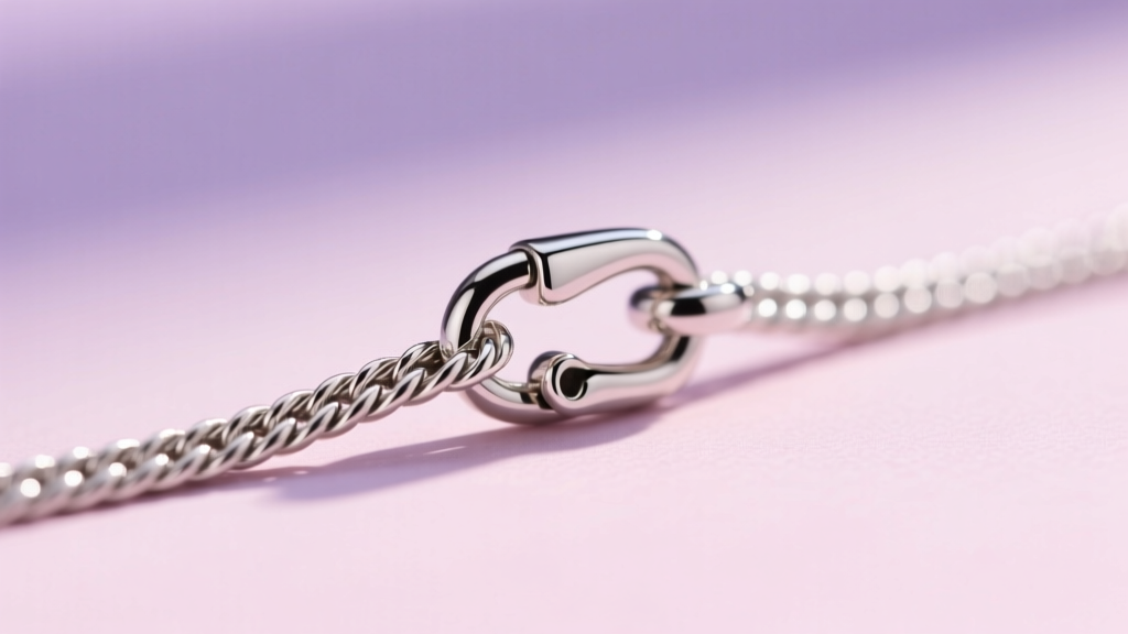 Close-up macro shot of a 1.5mm sterling silver rope chain with a secure lobster clasp, shown against a blurred pastel background