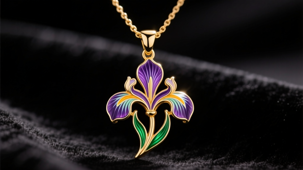 Macro shot of an 18k gold iris and lily pendant necklace with purple and green enamel on dark velvet under warm studio lighting.