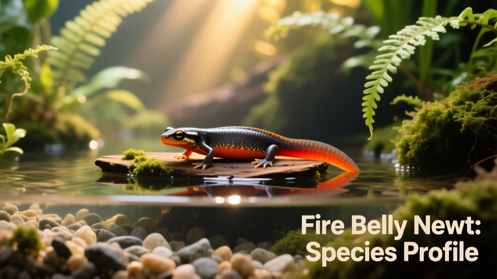 Well-planted fire belly newt aquarium with water section, sloping gravel shore, and floating log platform