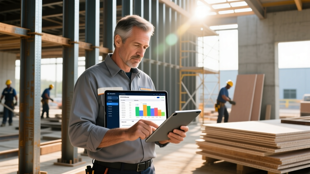 Construction project manager reviewing a digital BOM build of materials dashboard on a tablet at an active commercial framing site