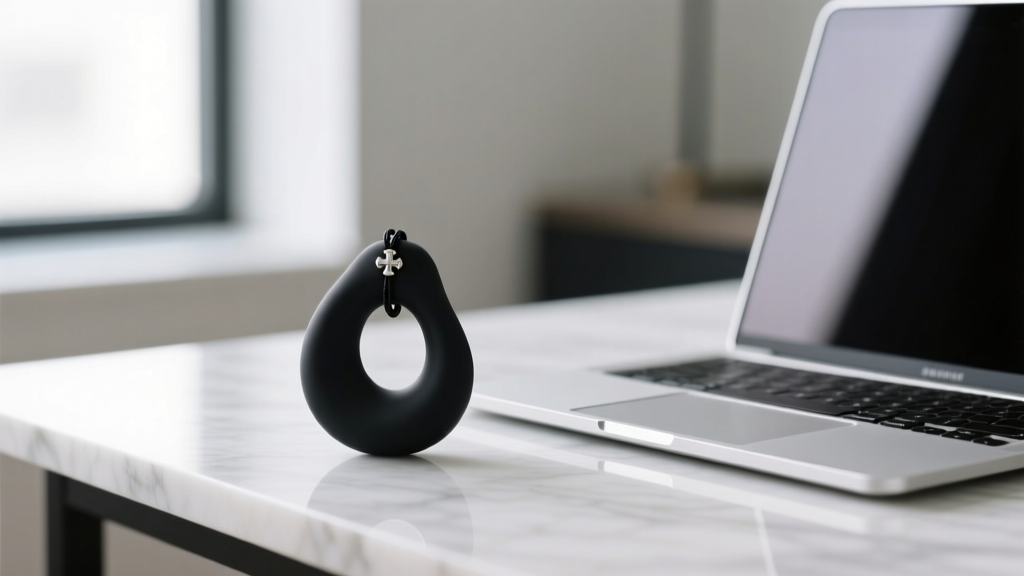 Elegant matte black medical-grade silicone sensory pendant on a white marble desk next to a silver laptop, soft natural lighting