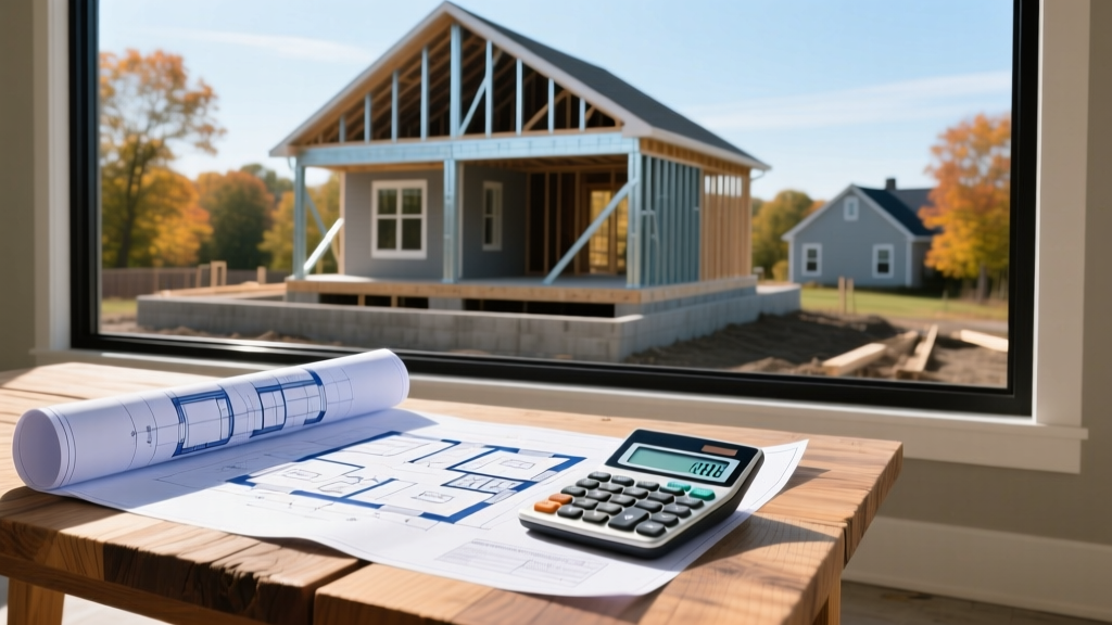 Architectural blueprints and a digital calculator resting on a wooden table overlooking a new residential framing construction site in New Jersey